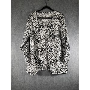 JM Collection Blouse Women 18W Animal Print Linen Long Sleeve Button Front Matur